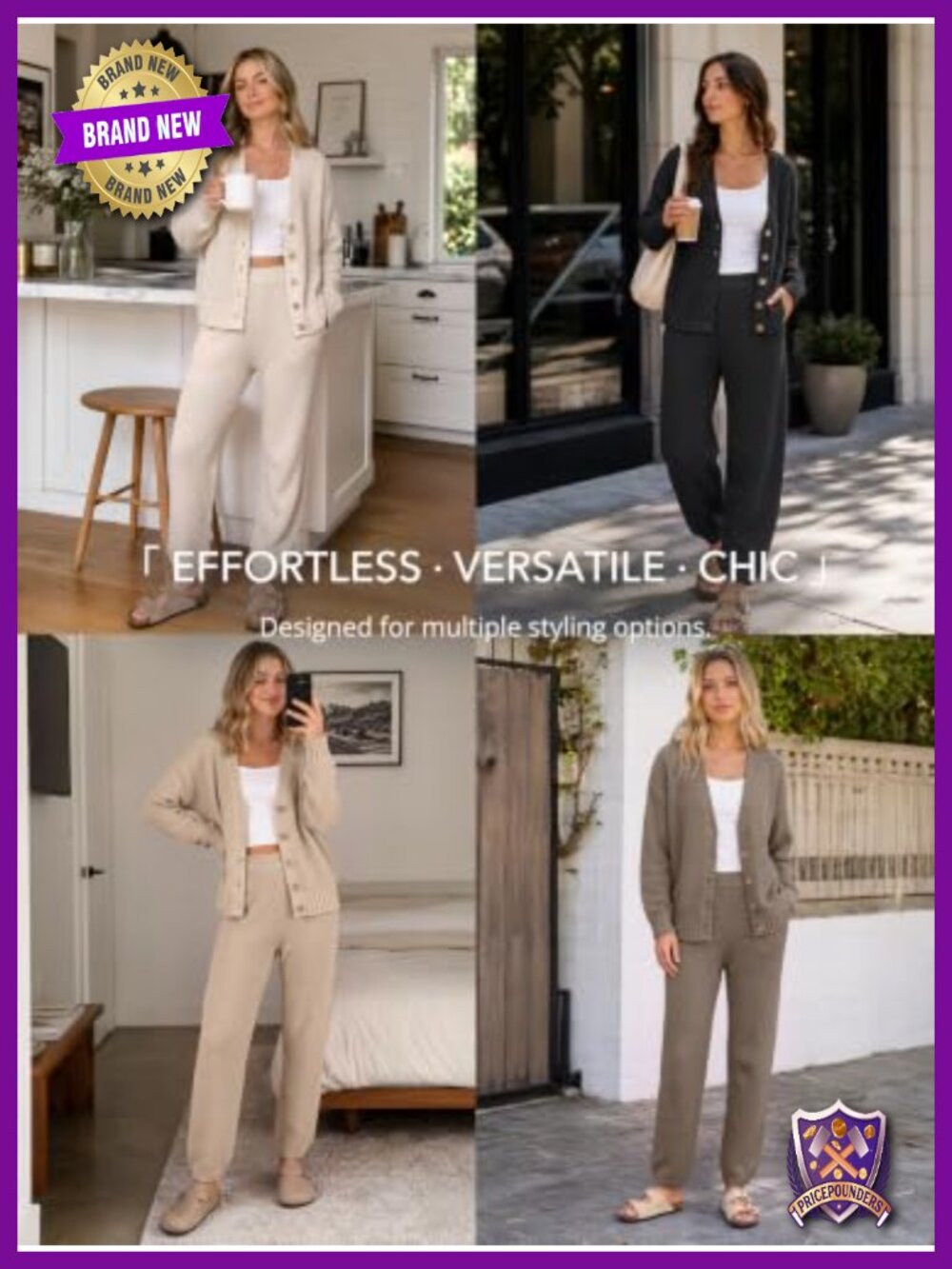 Women 2 Piece Sweater Lounge Set Acrylic Cotton Oversized Cardigan Tapered Pants - Picture 5 of 5